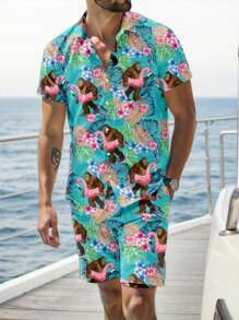 Manfinity RSRT 2pcs Men's Tropical Print Short Sleeve Shirt And Shorts Set, Vacation - Multicolor - View 1