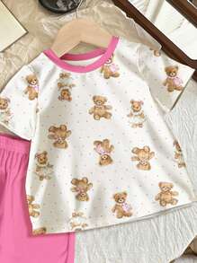 SHEIN 可爱熊印花 2 件套年轻女孩休闲简约短袖上衣和短裤夏季服装