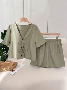 CosyJoli 加大码贝壳边系带袖衬衫和短裤套装，度假休闲女装两件套夏季 - 綠色 - 查看 6