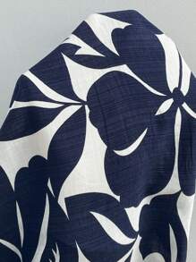 Modelyn Plus Size Elegant Floral All Over Print Lantern Sleeve Tie Wrap Dress - Navy Blue - View 7