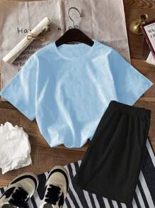 SHEIN 2 stuks/set voor jonge jongens, casual, eenvoudige korte mouwen, shorts, geschikt voor de zomer
