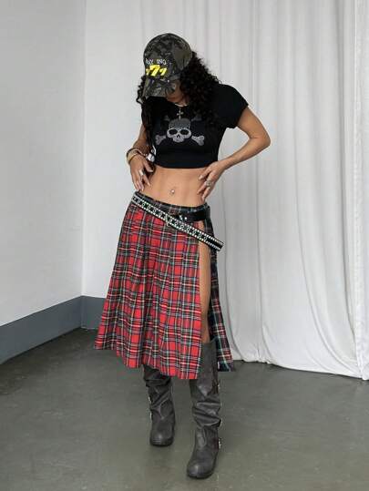 StreetHx Streetwear Punk Women Color Block Plaid Asymmetric Hem Skirt Night Red Plaid Autumn