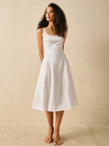 Poéselle Women's Elegant Solid Color A-Line Waist Fit Midi Dress - White - View 2