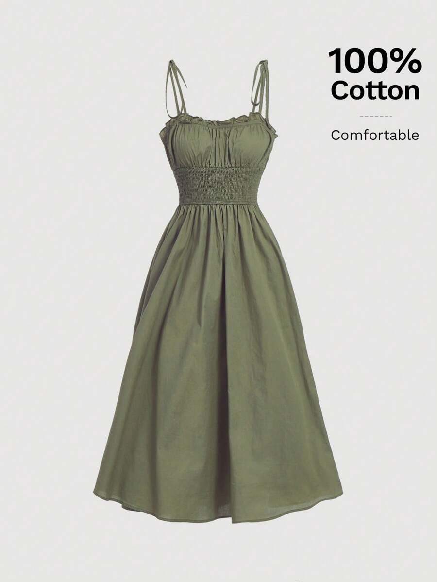 SHEIN MOD Solid Frill Trim Cami Dress - Army Green - View 1
