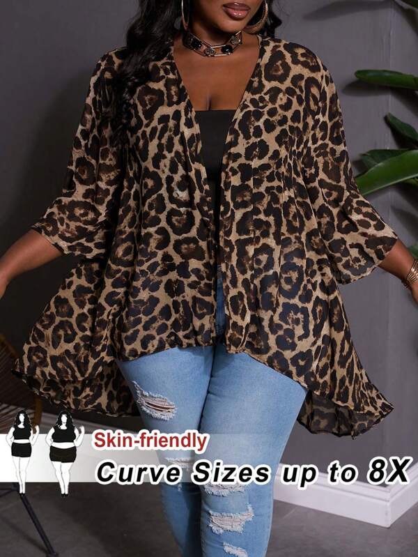 SHEIN CURVE+ Plus Size Leopard Print Casual Shacket, Minimalist Fashion For Everyday Wear
