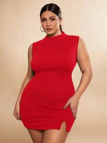 SHEIN BAE Plus Size Women Black Sleeveless Split Hem Elegant Sexy Midi Dress, Suitable For Date, Afternoon Tea, Commute, Wedding, Holiday, Party, Birthday, Valentine's Day, Formal, Gala, Beach, Club Outfits - Red - View 6