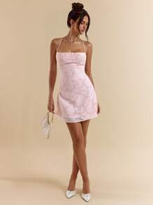 SHEIN BAE Pink Figure-Hugging Ruffled Off-Shoulder Lace Trim A-Line Supershort Mini Dress For Women, Spring/Summer,Pastel Dresses For Women,Backless Dress Vacation Outfits Women