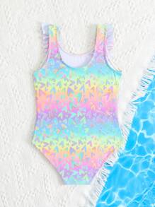 SHEIN Young Girls Cute Ruffled Tropical Floral Print One-Piece Swimsuit, Tie Dye Pink Beachwear, Swimming, Beach Wear Summer Holiday - Multicolor - View 2