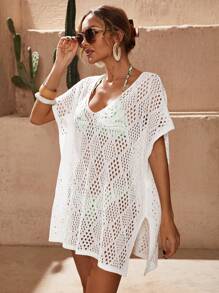 Swim Vcay 纯色镂空针织透明罩衫，适合海滩/度假