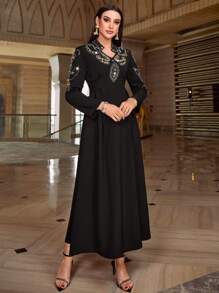 Layrah Women's Elegant Long Sleeve V-Neck Rhinestone Decorated Arabic Style Long Dress - Black - View 4
