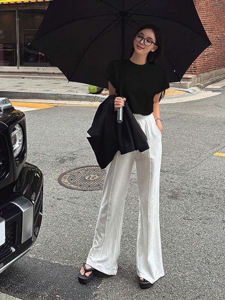 女款純色短版T恤 - 黑色 - 查看 5