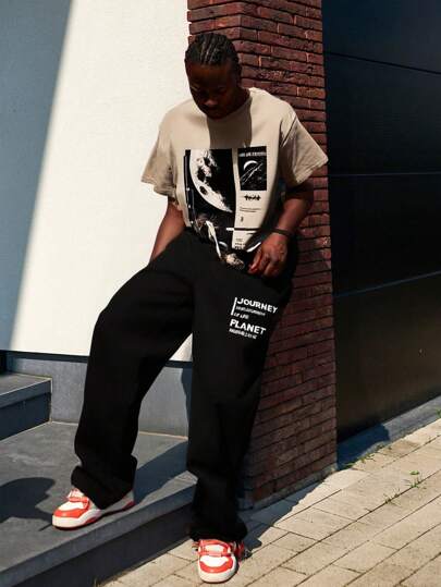 SHEIN 2pcs/Set Casual Versatile Teen Boys Space Element Printed Knit Short Sleeve T-Shirt & Printed Pants 2-Piece Outfit, White, Suitable For Outings, Transition Season