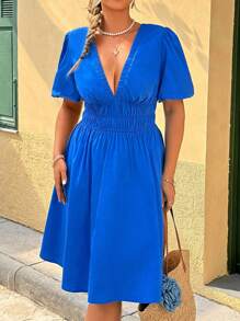 Flirla Plus Size V-Neck Pleated A-Line Backless Puff Sleeve Dress - Blue - View 5