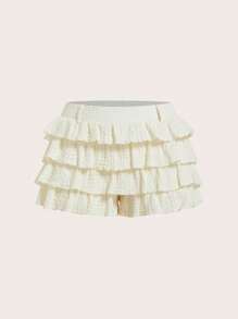 Comfortcana Women's Spring/Summer Vintage Cute Casual Solid Color Ruffle Hem Shorts - White - View 1