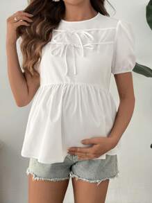 SHEIN Comfortable Puff Sleeve Ruffle Hem Women Blouse, Maternity Wear - White - View 4
