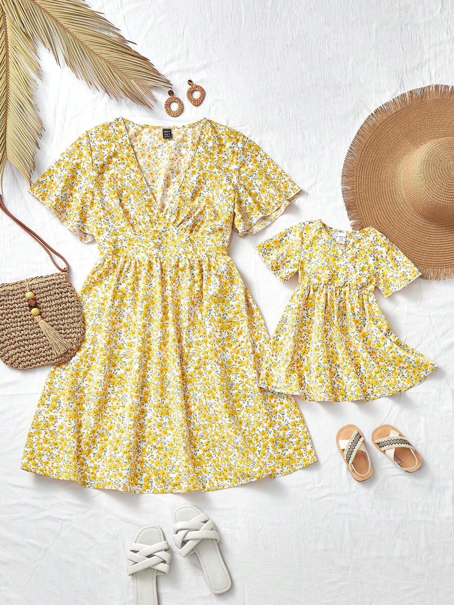 SHEIN Mother-Daughter Matching Floral Print Dress Set For Summer Vacation - Yellow - View 1