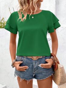 SHEIN LUNE 节日休闲纯色荷叶边短袖衬衫