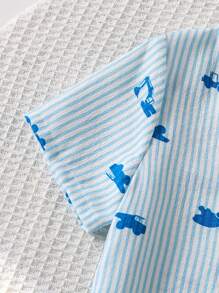 SHEIN 2pcs/Set Young Boy Stripe Car Pattern Short Sleeve Polo Collar Shorts Home Wear Set - Baby Blue - View 5