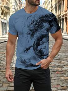 Manfinity Homme Chinese Ink Painting Dragon Graphic Print Regular Fit Short Sleeve T-Shirt For Men, A Great Gift For Boyfriend - Teal Blue - View 1