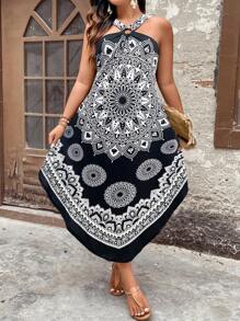 SHEIN Clasi Plus Size Curved Hem Halter Neck Dress Maxi Women Outfit