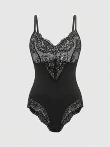 Women's Lace Patchwork Spaghetti Strap Slim Fit Bodysuit UnderwearOuter - Black - View 3
