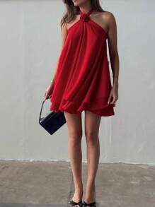 女士纯色 3D 花卉装饰宽松吊带短裙 - 紅色 - 查看 3