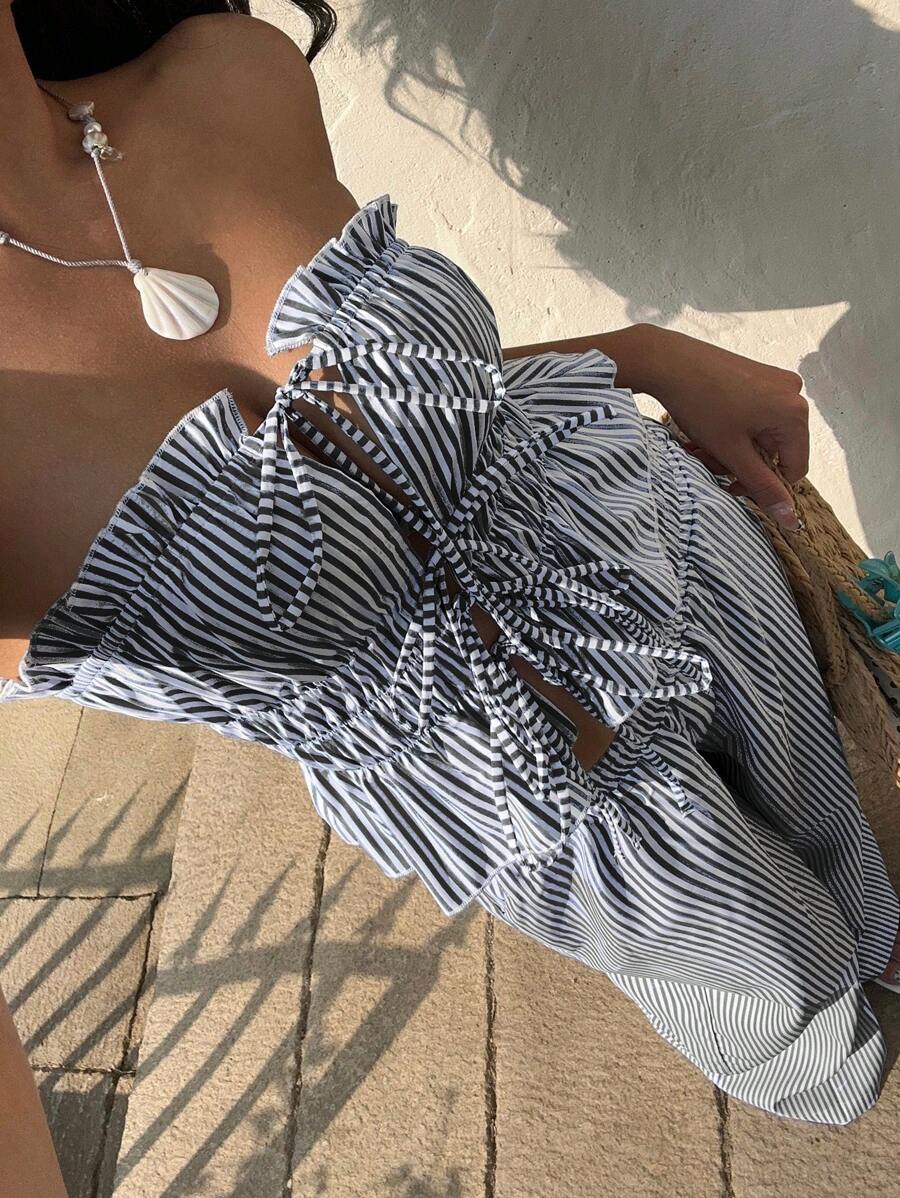 Sunnyshic 2 件套女式抹胸条纹上衣和裤子套装,适合夏季的简约时尚 - 淺灰色 - 查看 1