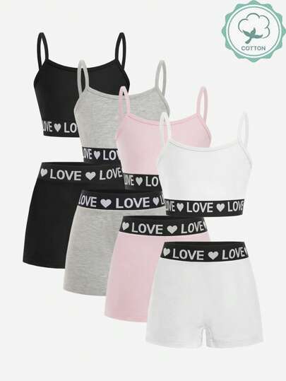 Sparklyn 4st/set Tween Girl Heart Print Elastisk midja Camisole Topp och shorts Underkläder Outfits