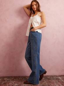WESTFADE Jeans de mezclilla de tiro alto con vuelo holgado y tachuelas al estilo occidental para festivales de música, estilo vaquera de Nashville