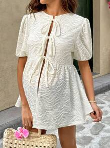 SHEIN Maternity Textured Tie Front Puff Sleeve Ruffle Hem Shirt