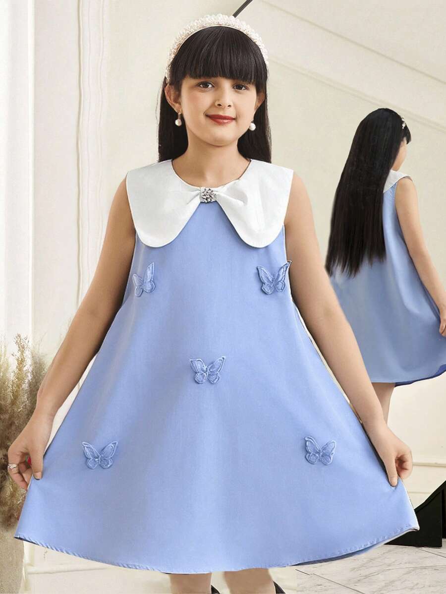 SHEIN Leap Crew 青少年女孩优雅简约舒适拼色领蝴蝶装饰 A 字裙,正式服装 - 藍色 - 查看 1