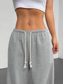 SHEIN Unity 灰色华夫格针织低腰抽绳系带斜口袋直腿阔腿运动裤，超柔软舒适，时尚简约休闲街头服饰，女士春夏