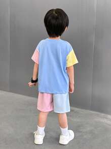 SHEIN 2pcs/Set Young Boys Casual Comfortable Versatile Contrast Color Patchwork Short Sleeve Top And Shorts