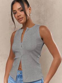 MISSGUIDED Camiseta sin mangas con cuello en V y detalle de abertura frontal, de algodón jersey, de verano, casual, ajustada, básica, esencial para capas, de moda minimalista moderna - Gris - Ver 4