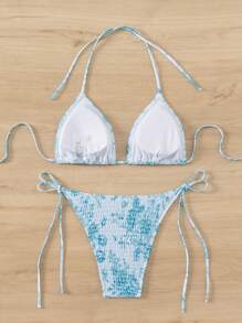 Swim Mod Floral Print Bikini Beach Swimwear Set, Vacation For Summer - Blue - View 4