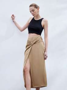 SHEIN Privé High-Quality Elegant Metal Ring Belt Ruched High Waist Side Slit Design Long Skirt Fall Cloth For Women