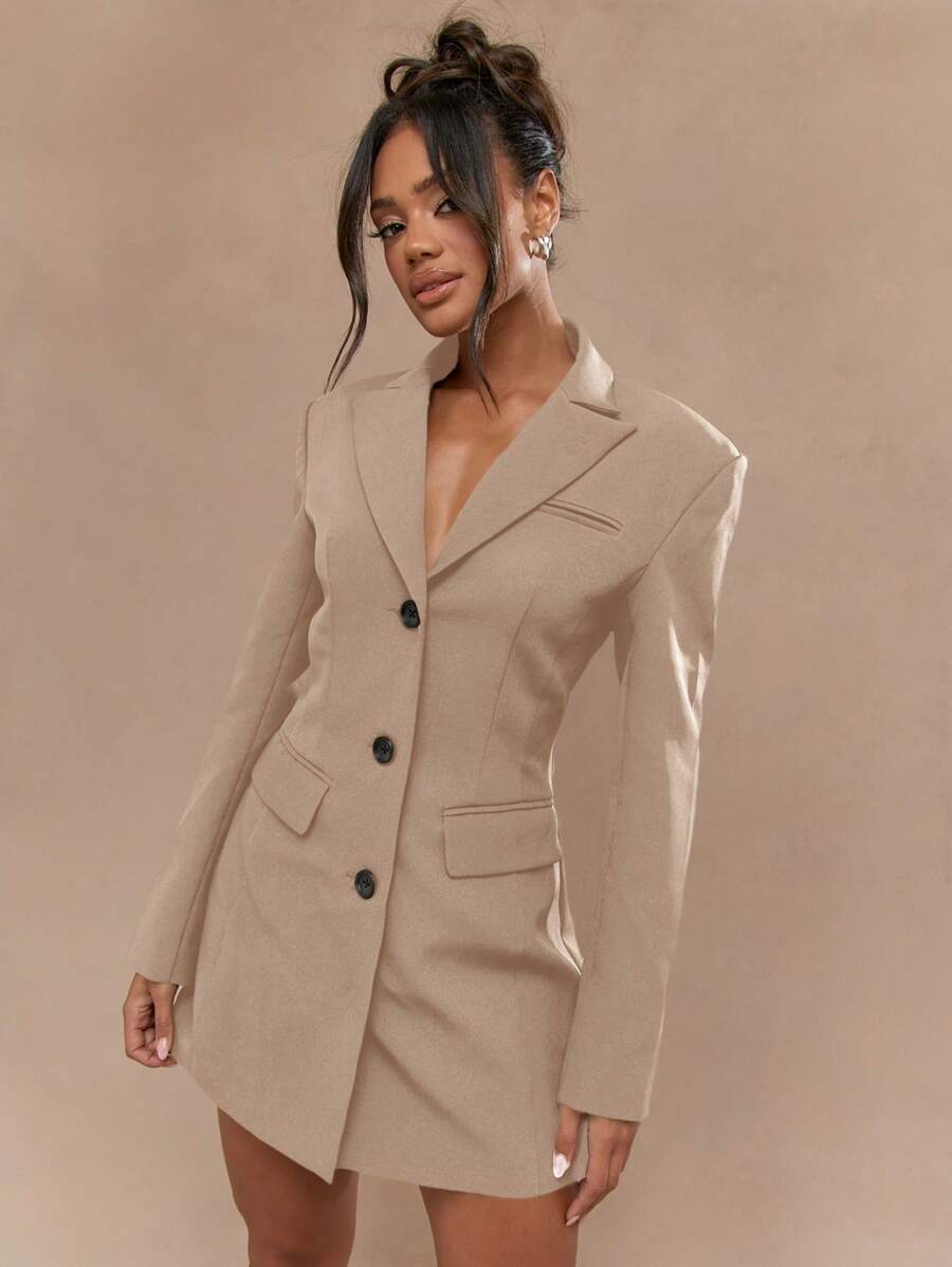 MISSGUIDED 长袖职业超大西装外套连衣裙纽扣式秋冬春季商务办公室晚装正式中长款西装外套 - 卡其色 - 查看 1