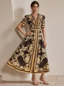 Anewsta 时尚宫廷风格印花翻领单排扣束腰优雅连衣裙，适合女性、节日、外出、度假服装 - 黃色 - 查看 5