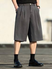 GALLERY FADE 男士纯色褶皱口袋宽松休闲及膝短裤 - 灰色 - 查看 6