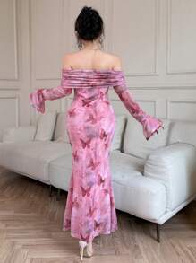 DAZY Women's Mid-Length Off Shoulder Floral Print Mermaid Dress,Fall Dress - Pink - View 2