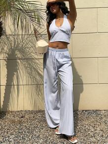 Sunnyshic Women's 2pcs/Set Women Vacation Casual Striped Halter Top And Long Pants. Spring/Summer