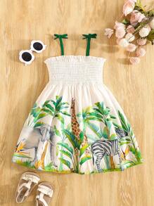 SHEIN Playful Pals 1pc Young Girls Adjustable Strap Cropped Tank Dress, High Waisted Pleated Skirt With Giraffe & Zebra Animal Print, Casual Versatile Summer Dress