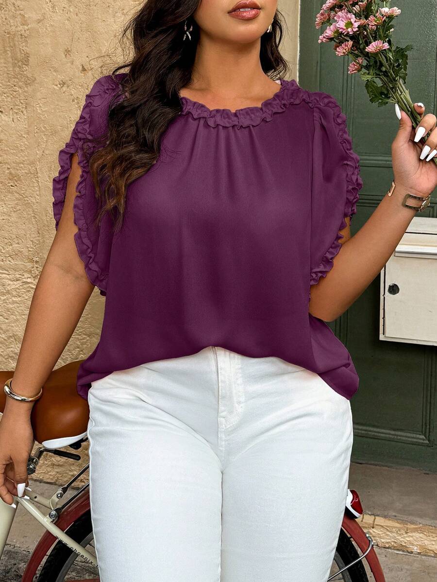 Plus Size Women's Casual Solid Color Ruffle Trim Short Sleeve Loose Blouse - Purple - View 1