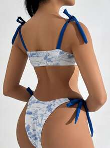 SHEIN Swim Fashionable Vacation Retro French Printed Tie Bow Women Summer Bikini Set