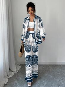 Chiquease 米色底色黑色花朵印花优雅休闲日常两件套女士套装，长袖立领纽扣前开襟衬衫，松紧腰宽松直筒印花裤，藏青色衬衫，藏青色裤子，女士春季服装 - 藏蓝色 - 查看 5