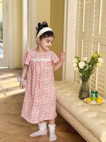 SHEIN Young Girl Floral Print Lace Trim Woven Summer House Dress Spring Dress For Kids Spring Dresses For Girls Summer Dresses For Girls Summer Dress For Girls Young Girls Dresses Spring Kids Dresses