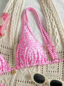 SHEIN Swim Springbreak 女士碎花可调节肩带三角形上衣和下装比基尼套装、沙滩装、度假装、可爱泳衣 - 粉色 - 查看 3