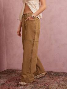 WESTFADE Jeans vaqueros de tiro medio con botones a presión, dobladillo dividido, pierna recta suelta y estilo utilitario western de primavera - Marrón - Ver 5