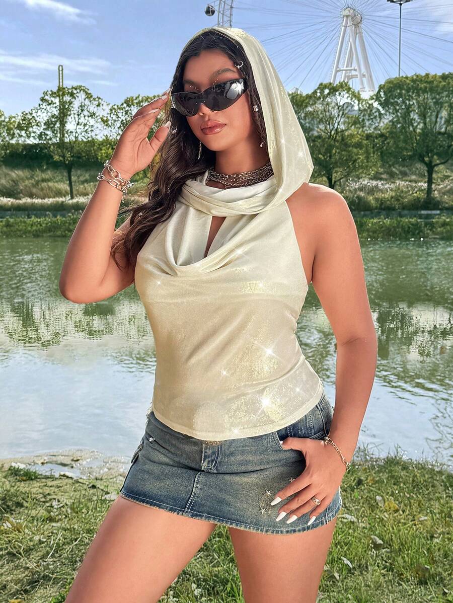 Flirla 大码女式闪亮金属色围脖领无袖露背连帽节日/波西米亚/嬉皮/牛仔女衬衫，适合音乐活动/派对 - 黃色 - 查看 1