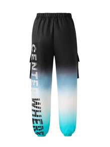 Teen Boy Pants Casual Printed Long Trousers, Contrast Gradient Letter & Gradient Print, Elastic Waist, Everyday Wear, Loose Street Style